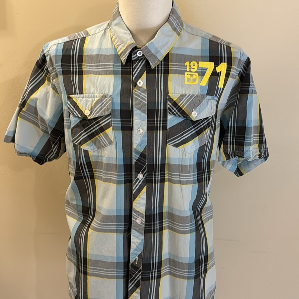 Vintage Mickey Mouse Large Short Sleeved Camp Shirt Blue White & Black Plaid